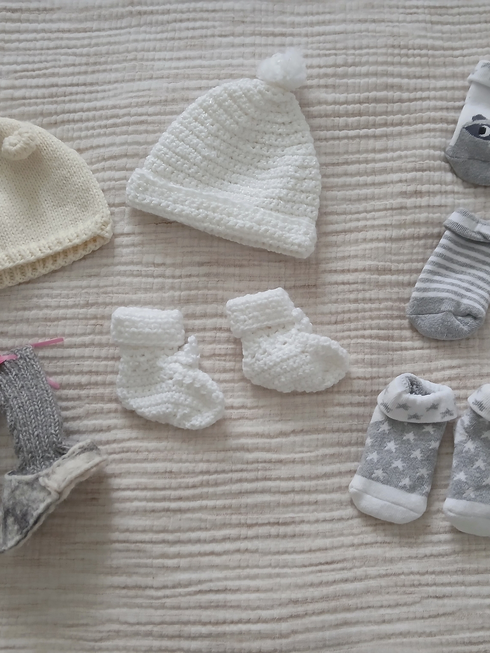 Handmade White Crochet Baby Hat & Booties Set